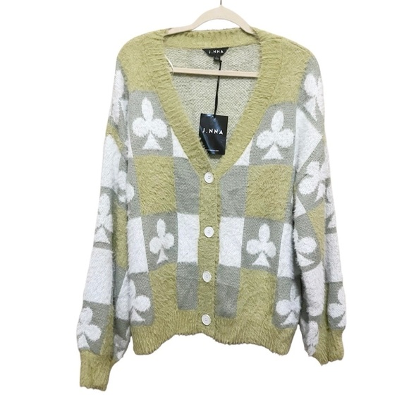 Sweater Cardigan Womens Large Green Spades Clover NWT Button Front Loose V-Neck - Picture 1 of 10